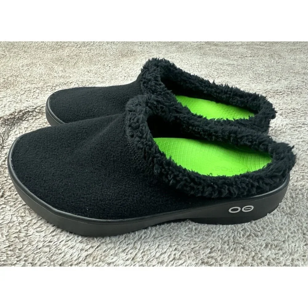 Oofos Oocoozie Black Mule Sherpa Fuzzy Recovery Slippers Men's Size 9.5 NWOB